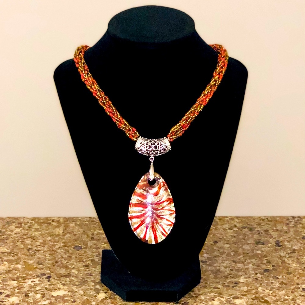 Long Braided Bead Necklace, Artisan Glass Pendant